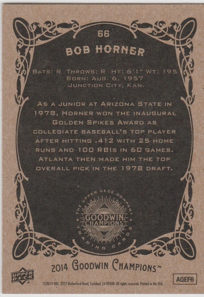 2014 Upper Deck Goodwin Champions #66 Bob Horner - Image 2 of 2