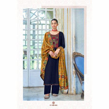Navy Blue Pure Zam Cotton Embroidered Suit with Exclusive Kashmiri Print Dupatta