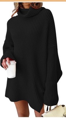 LILLUSORY Women's Knit Turtleneck Oversized Long Sweater Dress Black Extra Large