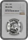 1961 50C BU Silver Franklin Half Dollar NGC Graded MS 64 FBL White Coin