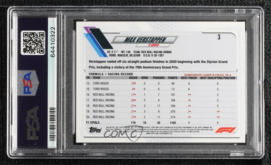 2021 Topps Chrome Formula 1 Celebrations SP Variation Max Verstappen #3 PSA 10 view 2