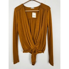 Free People Intimately Deep V-Neck Knot Front Bodysuit Honey Ginger Small NWT