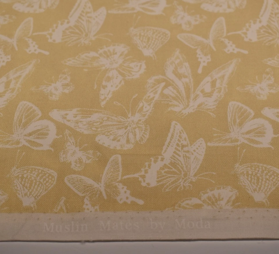 MUSLIN MATES moda fabric TAN WHITE BUTTERFLIES 17" X 22" fat quarter - Image 3 of 4