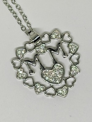 Silver Tone Stainless Steel Heart Mom Pendant Necklace Zircon Accents Adjustable