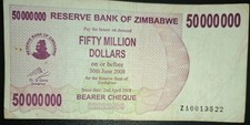 2008 Zimbabwe 50 Million Dollars Bearer Cheque P57 ZA0013522 Replacement Note. 