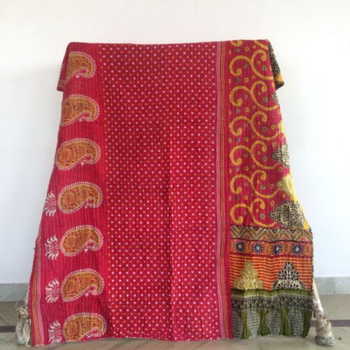Vintage Quilt Indian Reversible Kantha Throw Blanket Coverlet Twin Size Bedding - Picture 4 of 19