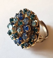 Vintage MCM Blue Green AB Rhinestone Gold Ton...