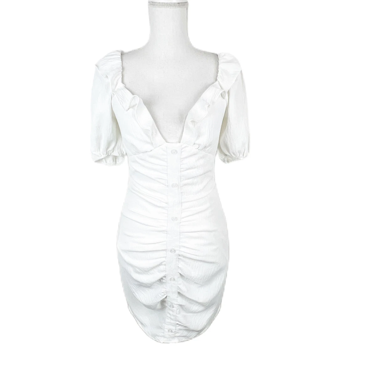 Blue Blush Dress Women Small White Puff Sleeve Ruffled Low V Neck