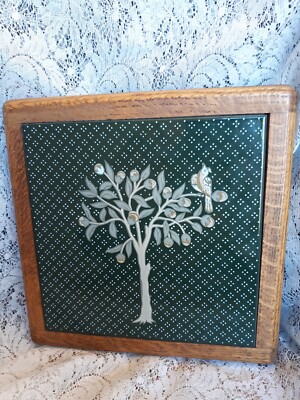 VTG Piemme Tile Trivet Wood Frame Partridge in A Pear Tree Blue Italy Bird 