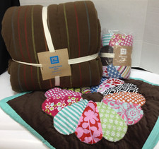 Pottery Barn Teen Favorite Fleece Funky Bed Quilt blanket F/Q Brown 2 EURO Shams