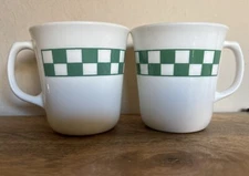 Vintage Corning USA Mugs Set of 2 Green Gingham Checkered Corelle