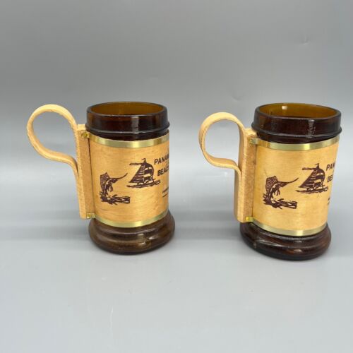 2 Vintage Souvenir Mugs Panama Beach Amber Glass Wood Alvin Island Stein Set NWT - Picture 3 of 7