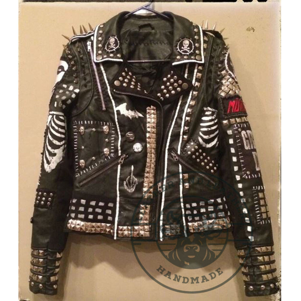 Men's Bikers Patches Jacket, Pyramid Studs Brando Long Spike Leather Jacket