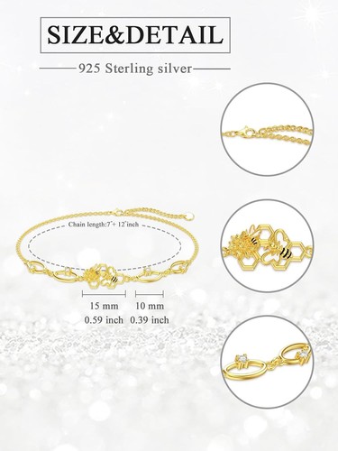 Honey Bee Bracelet 925 Sterling Silver Bee Jewelry Gifts for Women Girls 7''+2'' - Picture 2 of 6