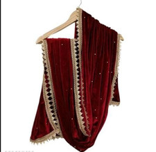Traditional Indian Maroon Velvet Silver Embroidered Dupatta For Women Girls Wear