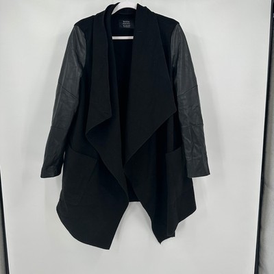 Bershka Womens Moody Waterfall Coat Size L Faux Leather Sleeves Drape Goth Black