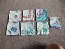 Collectible Print Handkerchief Set 7 Floral 2 Scallop Edge 11-12" NICE