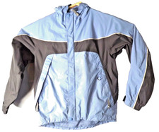 REI Co-op Kids Rain Jacket Size L 12/14 Waterproof Wind Breaker Gray/Blue Hooded