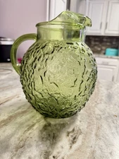 Vintage Anchor Hocking Glass Ball Pitcher Lido Milano Crinkle Avocado Green