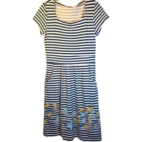 J Mclaughlin Dress Womens Size Medium Short Sleeve Blue White Strip Seashells