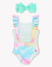 Rufflebutts Rainbow Baby Girl One Piece Ombre Swimsuit Headband 3-6 Months