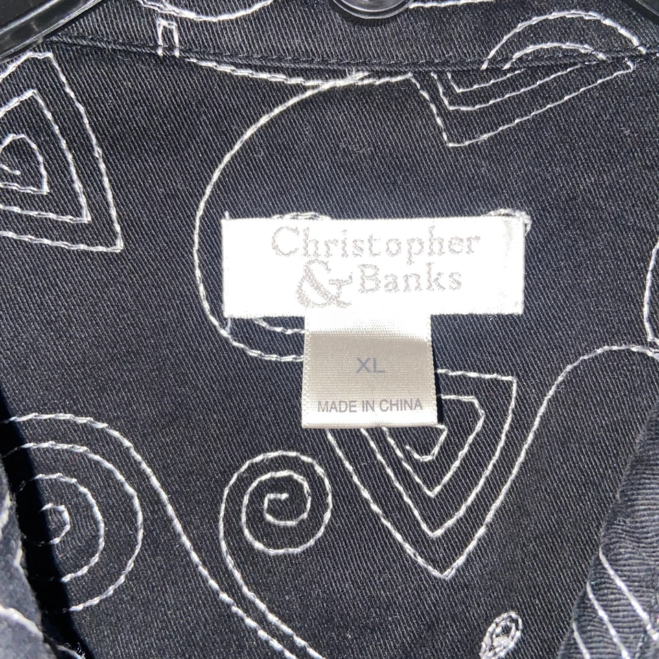 Christopher & Banks Mujer Chaqueta XL Negra Bordada Geométrica Botón Frontal Foto 3 de 4