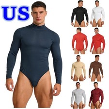 US Mens Long Sleeve Bodysuit Button Crotch Gym Rompers Yoga Workout Leotards