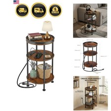 Small Round Side Table with Charging Station for Small Spaces, 3-Tier Round A...