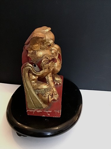 Old ANTIQUE Carved Wood or ? PAIR of FOO DOGS Gold Red Chinese 6.5'T x 6 3/4'W - Picture 7 of 18