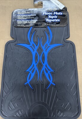 NEW 2 PC PLASTICOLOR BLUE FIRE DRAGON FRONT CAR AUTO FLOOR MATS RARE