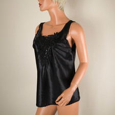    CINEMA ETOILE Vintage Black Cami Tank Top Glossy Satin Embellished Sz L