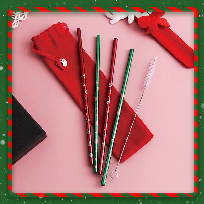 stainless steel christmas drinking straws 4pcs w brush&bag/charm