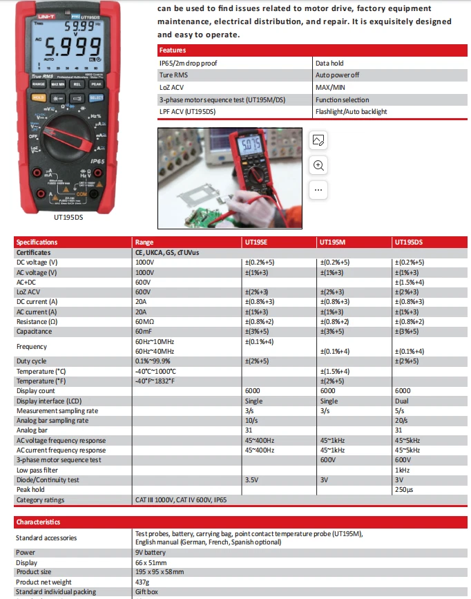 UNI-T UT195E TRMS Digital Industrial Multimeter Analog AC DC LOZ ACV Tester IP65 - Image 4 of 4