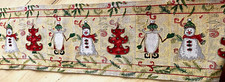 Christmas Holiday Tapestry Table Runner Snowmen and Trees 5ft 8" x 1 Ft Yellow