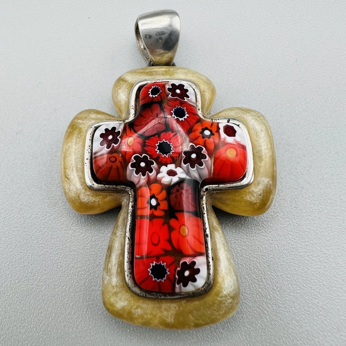 Sterling Silver 925 Signed Alan K Murano Millefiori Christian Cross Pendant Red