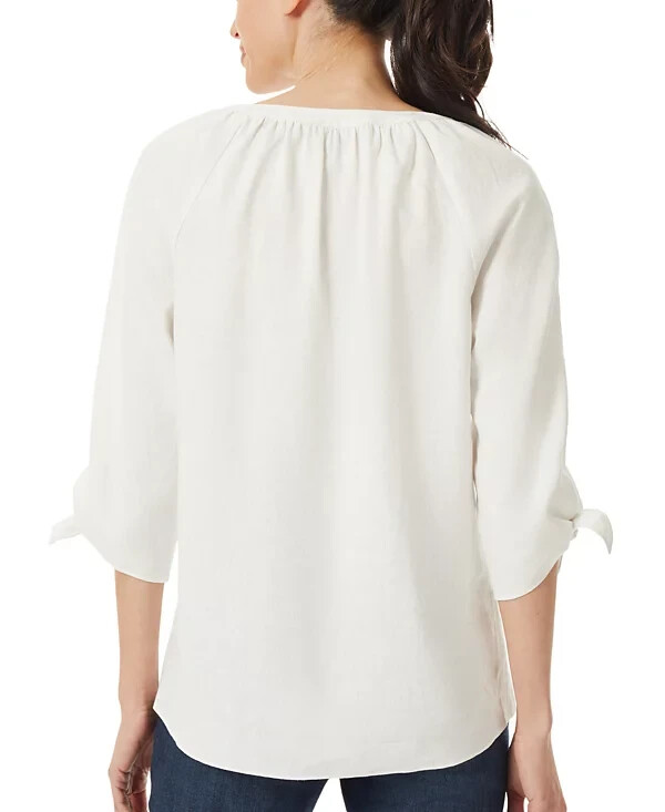 Jones New York Women's Linen Blend Tie Sleeve Blouse White