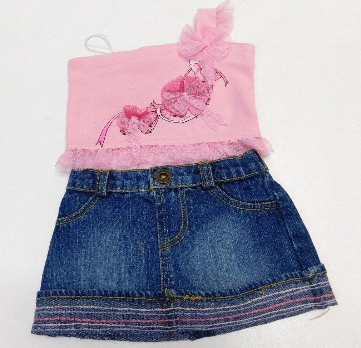 Build A Bear 2 PC Outfit Pink Bows Lace Tank Top Denim Skirt