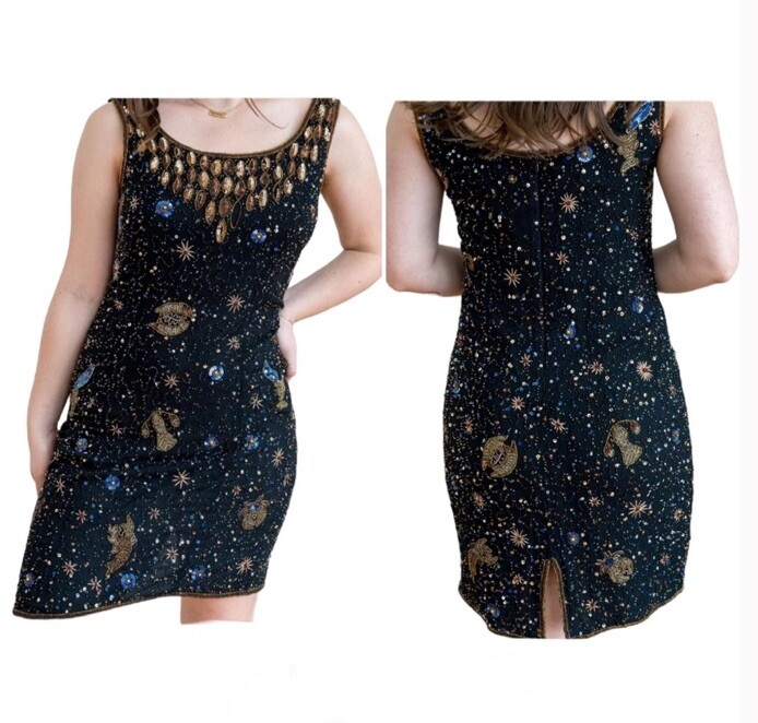 Vintage Silk Beaded Slip Black Dress Zodiac Horoscope 80s Vintage Silk Beaded Slip Black Dress Zodiac Horoscope 80s