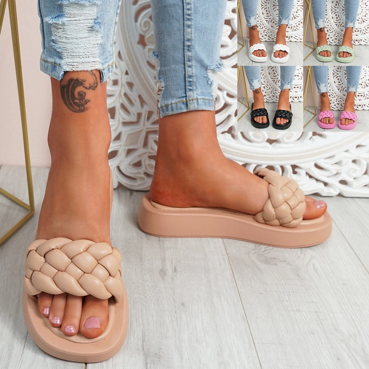 LADIES PEEP TOE SLIDERS WOMENS FLAT SANDALS BRAIDED STRAPS WOMEN SHOES SIZE