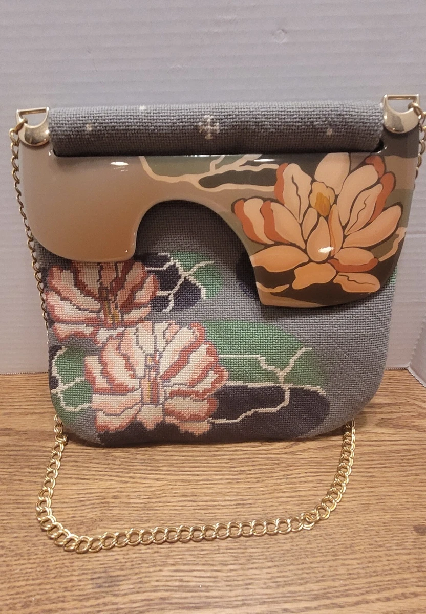 Patricia Smith Moon Bag Water Lily Needlepoint Handpainted Crossbody Bag Purse