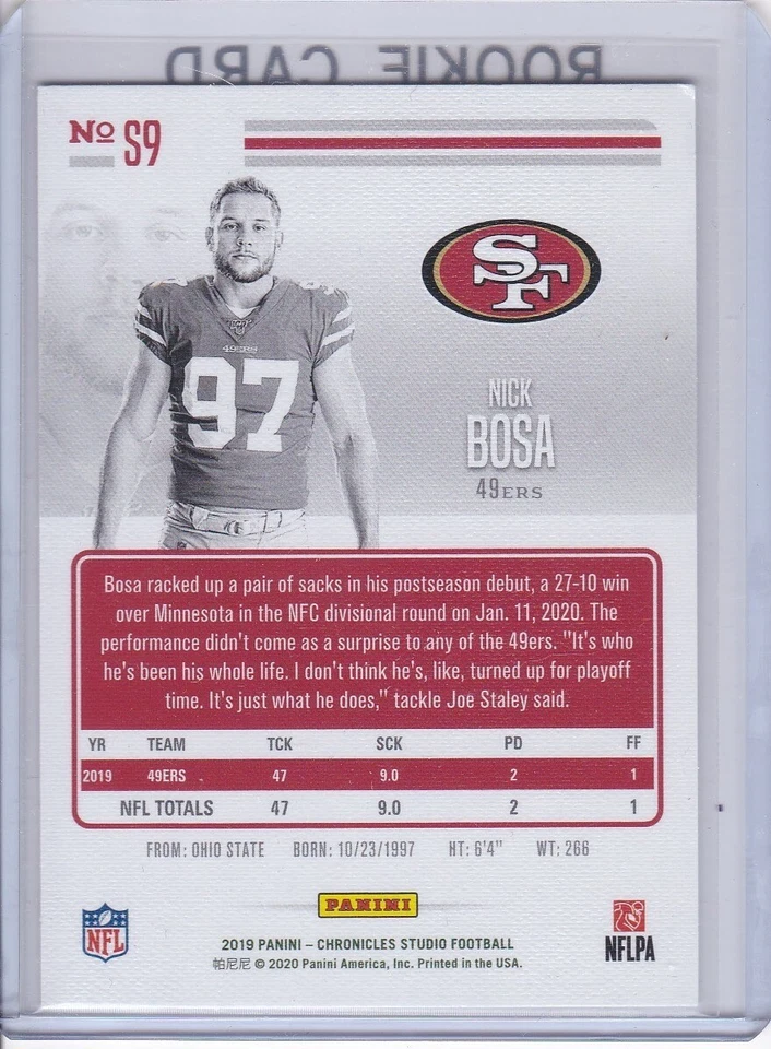NICK BOSA ROOKIE CARD San Francisco 49ers Football 2019 PANINI STUDIO #S9 RC - Image 2 of 2
