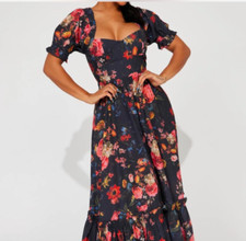 fashion nova kelly puff floral Victorian Maxi sweetheart dress Black rose Print