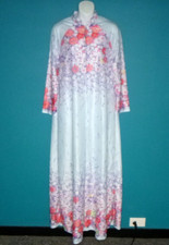 Vtg 70s Zip Front Robe Caftan Purple Lilac Orange Red Floral Border Print Sz S/M