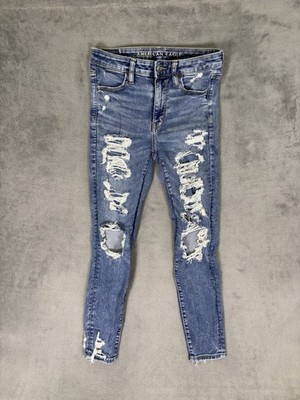 American Eagle Jeans Womens 4 Blue Super High Rise Jegging Crop Distressed