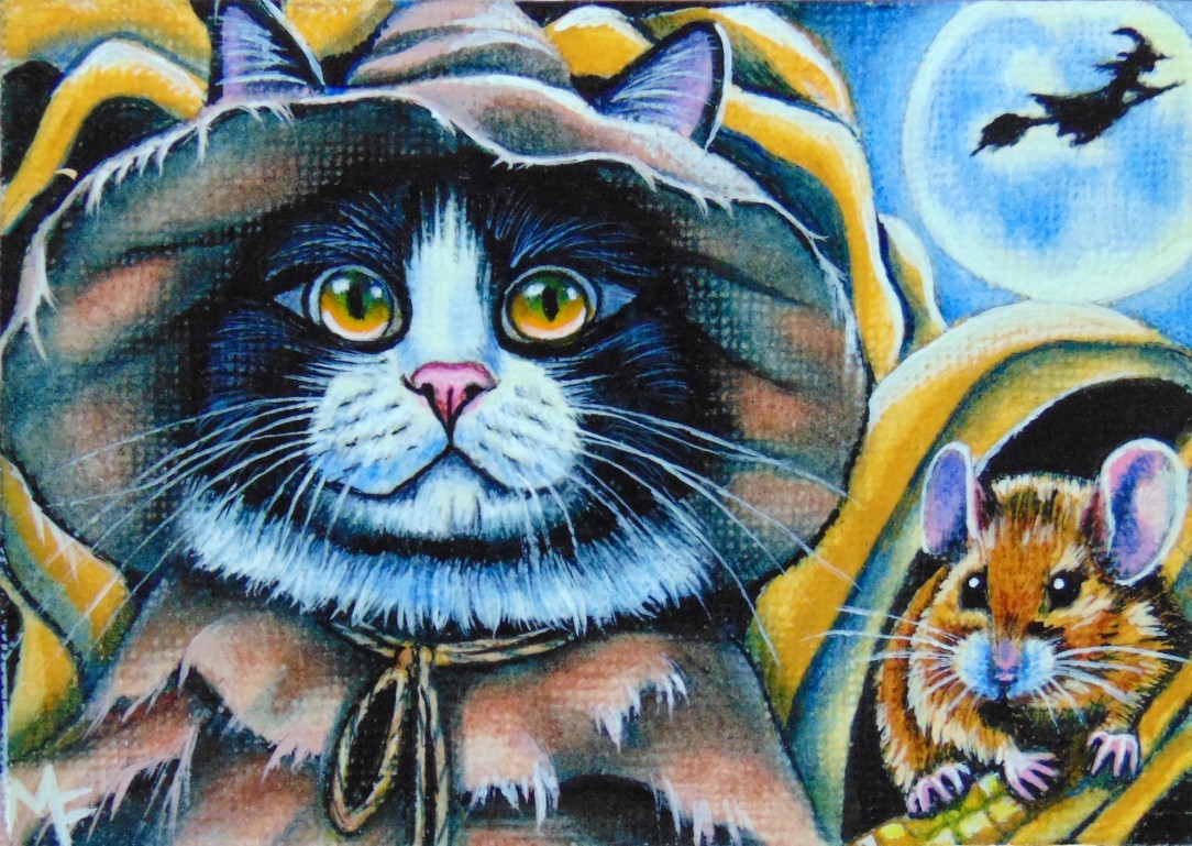ACEO Original Cat Mouse Halloween Scarecrow Spooky Witch Miniature Painting Art