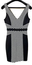 GUESS Black White Geometric Stripe Dress Size 4 V-Neck Gold Zip Sheath