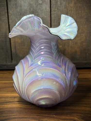 Fenton Lavender Purple Carnival Iridescent Overlay On Milk Glass Drapery Vase.
