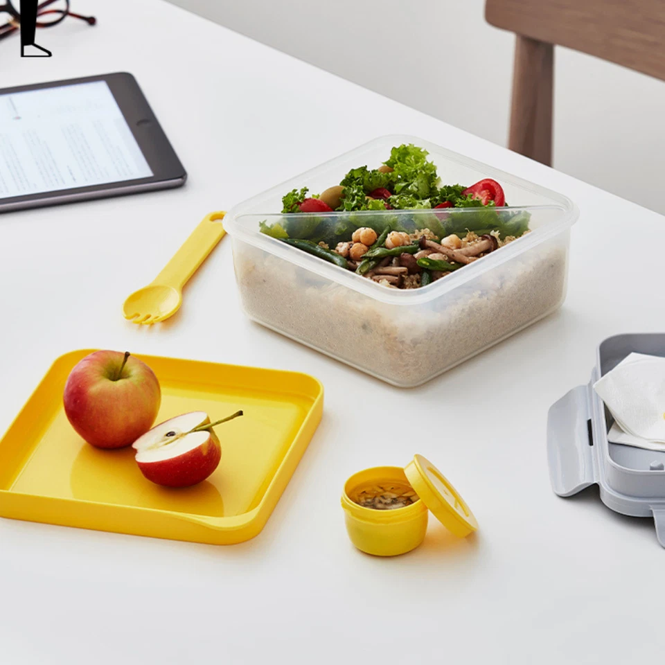 LocknLock 2 Lunch Boxes Blue & Yellow Leakproof Meal Prep with Spoon & Sauce Cup - Image 4 of 4