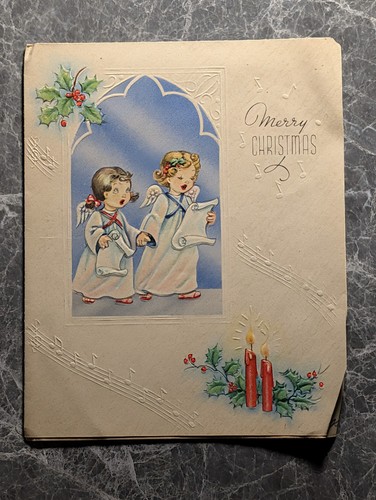 Christmas Card Vintage Grinnell NYC Singing Angels Cherubs Music Embossed 1940s
