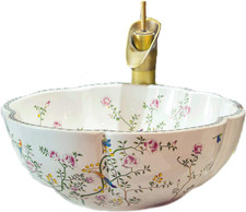 Flower-Shaped White Ceramic Vessel Sink with Bird Pattern for Vanity